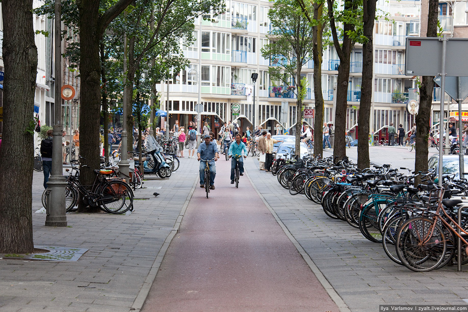 2) В Амстердаме запрещено  движение на велосипедах у Центрального вокзала и вдоль улиц Leidsestraat, Stationsplein, Leidseplein, Rembrandtplein, Waterlooplein, а также парковка  у Центрального вокзала и на площади Дам.