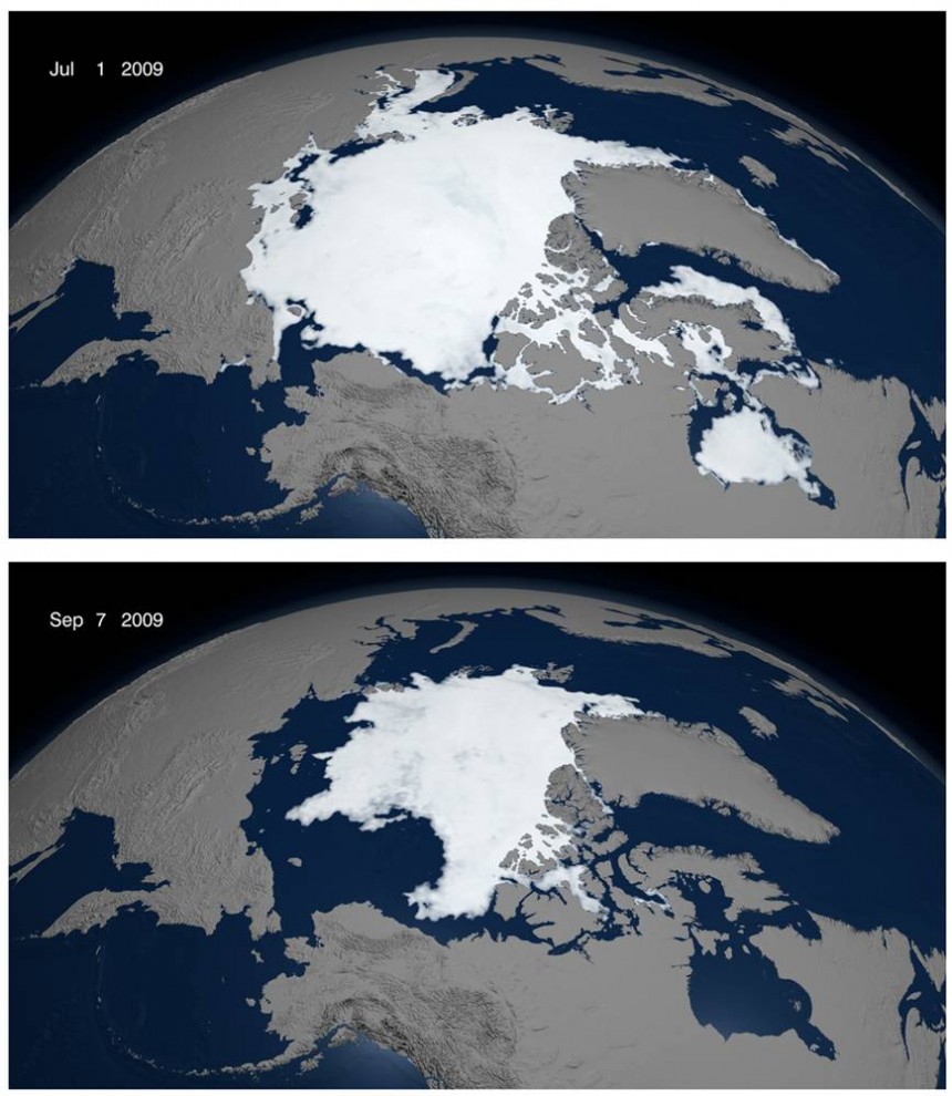 2. Лед Арктического моря каждое лето тает, но ученые опасаются, что человеческие выбросы парниковых газов влияют на обратный природный процесс. С тех пор, как в 1979 году началось отслеживание льдов с помощью спутника, в 2009 году произошел третий крупнейший отход льдов. Данные спутника были использованы для отслеживания диапазона льдов 1 июля (верхний снимок) и 7 сентября, когда наблюдалась самая нижняя точка лета. Эксперты национального центра данных по снегу и льду говорят, что последние два года наблюдались самые низкие отметки льдов, и прогнозы на следующие три года не самые утешительные. (NASA via Reuters)