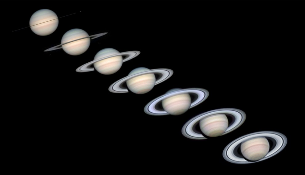 8) Чем интересны кольца Сатурна? При длительном наблюдении за планетой астрономы заметили, что кольца постепенно исчезают. На этом изображении, которое представляет собой компьютерное моделирование положения планеты за последние шесть лет видно, как широко повёрнутые кольца Сатурна постепенно суживались в тонкие полосы. Этому существует следующее объяснение: при вращении Сатурна вокруг Солнца его кольца один раз за 14-15 лет поворачиваются ребром к Земле и перестают быть заметны при наблюдении в небольшой телескоп.В последний раз кольца исчезли 4 сентября 2009 года.