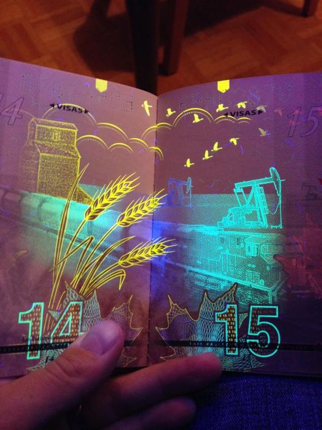 Фотография: Новый паспорт гражданина Канады в свете ультрафиолета №7 - BigPicture.ru