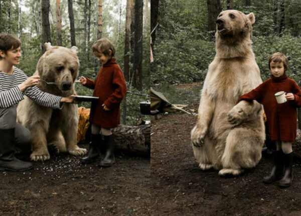 Русская семья подружилась с медведем в лесу для антиохотничьей кампании