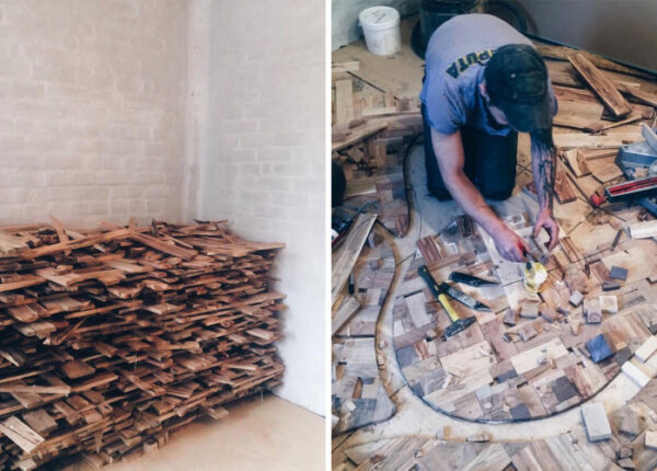 Российский дизайнер собирает деревянный пол своими руками из обычных досок