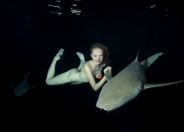 Потрясающие подводные кадры: обнаженная русская модель плавает с акулами