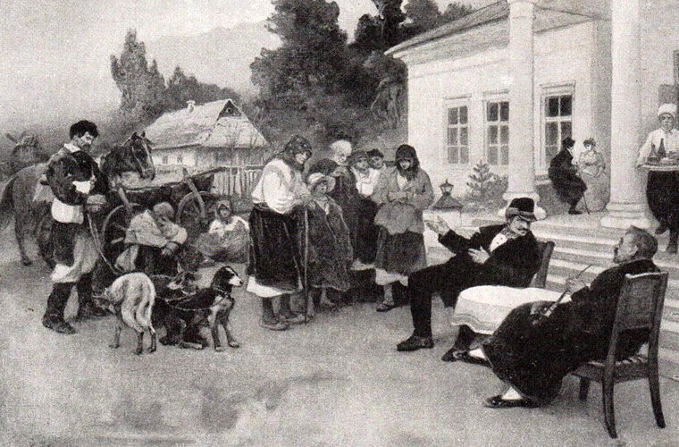 Картина Ижакевича «Крепостных меняют на собак»