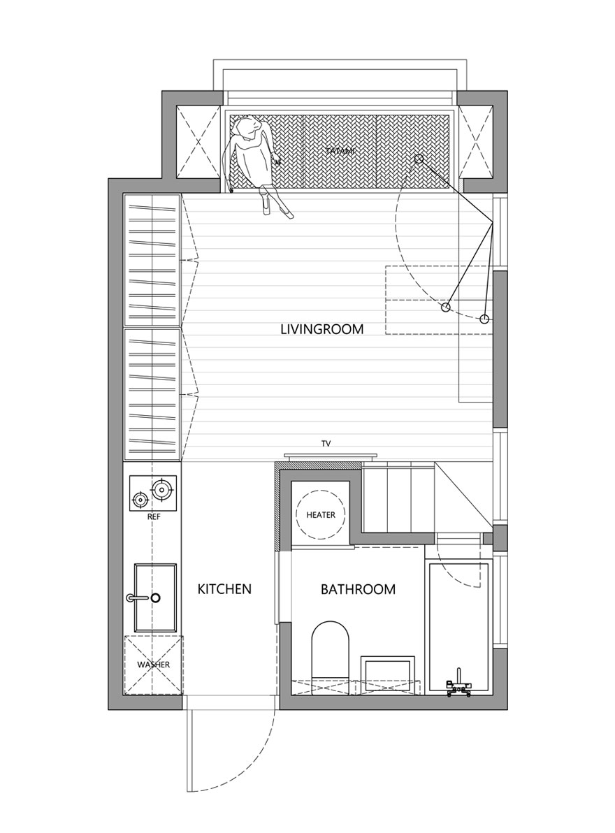 Как выжать максимум из минимума пространства: полнофункциональная квартира на Тайване площадью 22 м место, хранения, метра, уровне, однако, пространства, заниматься, спортом, выглядит, комнате, компактная, квадратных, пространство, растут, квартире, ванну, закрытого, Кухонная, машина, создается