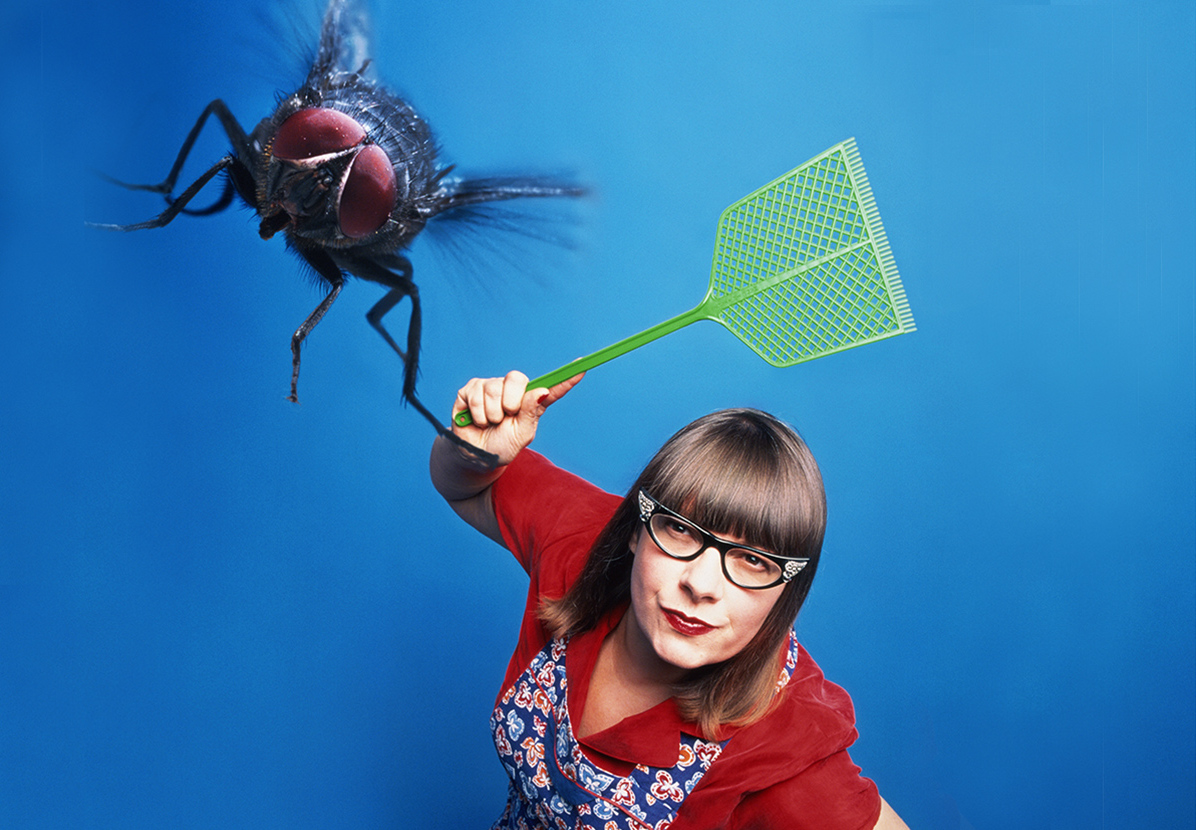 Woman attempting to swat housefly, elevated view (digital composite)