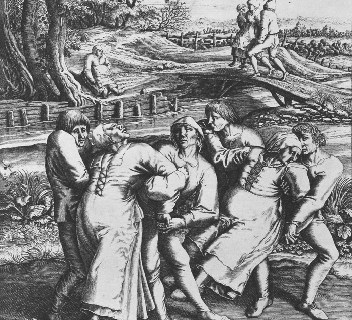 На гравюре Хендрика Хондиуса мужчины пытаются помочь трем женщинам, пострадавшим от хореомании