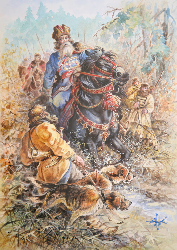 Охотник-зверовщик в зимнем лесу с рогатиной, подзывает собаку