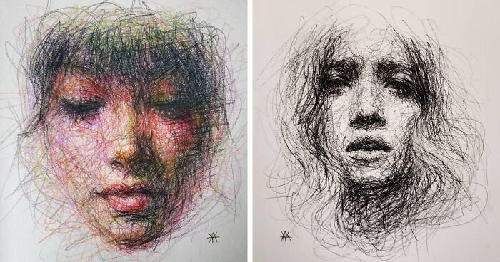 Каляки-маляки Лиз Й Ахмет: художница создает необычные женские портреты из каракуль