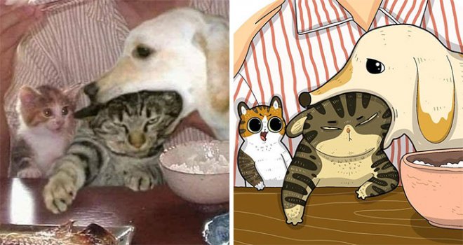 Фотография: 22 забавных кото-фото из сети, которые превратили в мультяшные иллюстрации №1 - BigPicture.ru