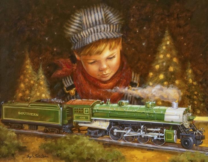Рождественская картина Анджелы Тротта Томас мальчик в зимней одежде с игрушечным зеленым паровозом Southern на фоне елок