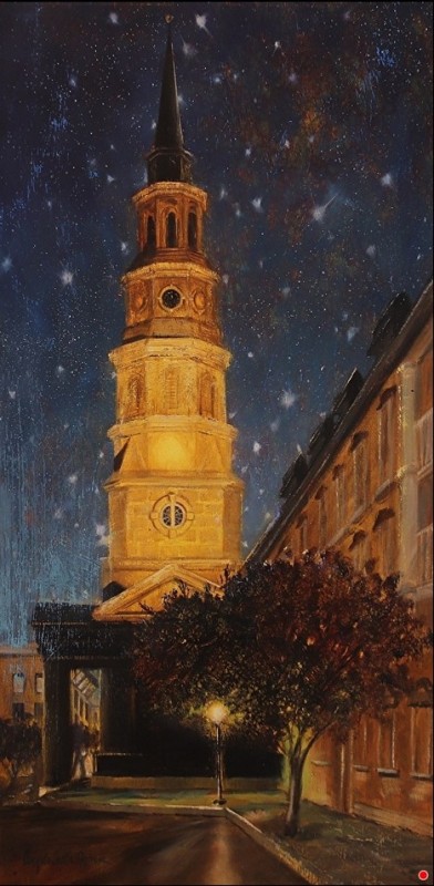 Высокая колокольня церкви ночью под звездным небом в Чарльстоне картина Анджелы Тротта Томас