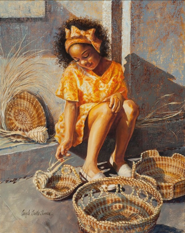 Девочка плетет корзины из соломы в оранжевом платье картина Анджелы Тротта Томас