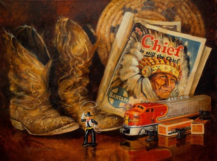Натюрморт с ковбойскими сапогами журналом Chief и игрушечным поездом Santa Fe картина Анджелы Тротта Томас