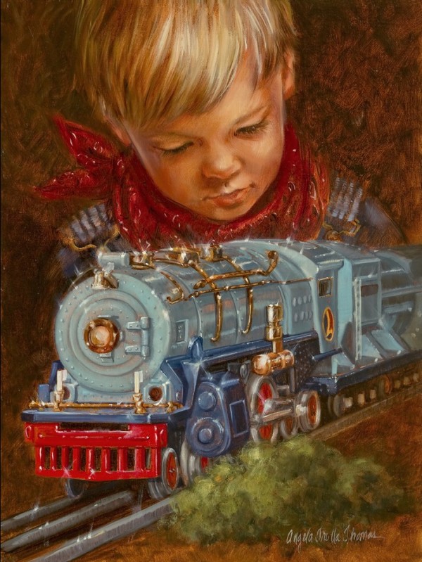 Мальчик с красным поездом Santa Fe на фоне елок портрет Анджелы Тротта Томас