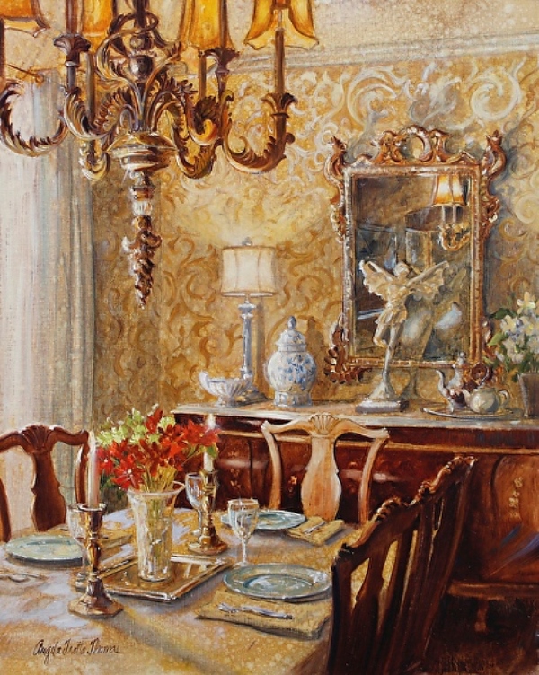 Роскошная столовая с хрустальной люстрой зеркалом и цветами интерьерная картина Анджелы Тротта Томас