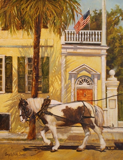 Конная повозка с туристами в Чарльстоне на фоне исторических домов картина Анджелы Тротта Томас