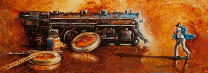 Картина Анджелы Тротта Томас старинный игрушечный паровоз и фигурка ковбоя с револьверами