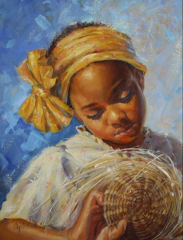 Портрет африканской девочки в желтом платке с корзинкой картина Анджелы Тротта Томас