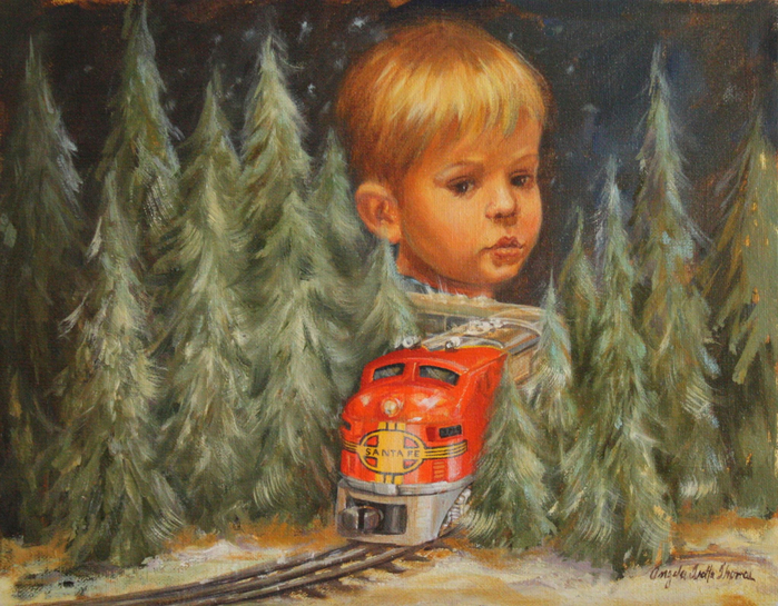 Мальчик у модельки поезда - картина Анджела Тротта Томас (Angela Trotta Thomas)
