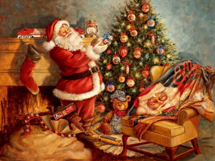 Санта-Клаус у елки с игрушками и поездом Lionel рождественская картина Анджелы Тротта Томас