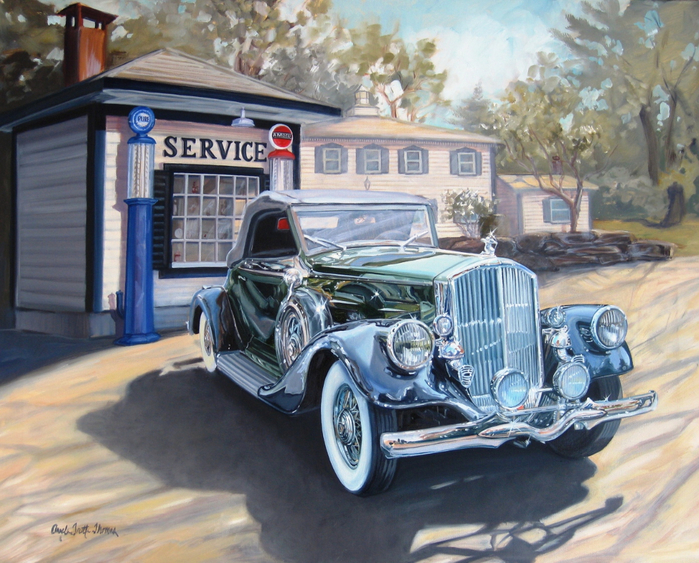 Классический автомобиль у старой заправки с домом и деревьями картина Анджелы Тротта Томас