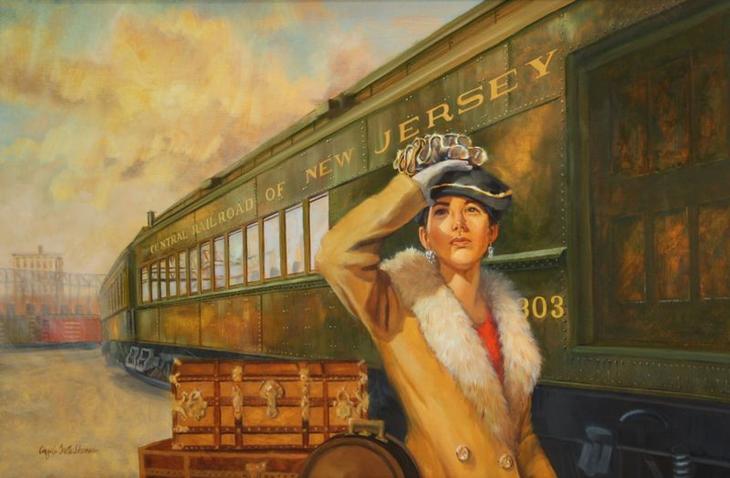 Женщина в красном платье на фоне поезда портрет Анджелы Тротта Томас