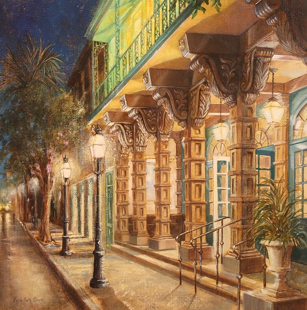 Ночной вид на старинный квартал Чарльстона с колоннами и фонарями картина Анджелы Тротта Томас
