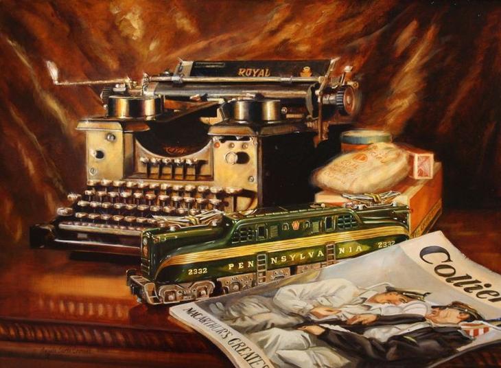 Мальчик смотрит на поезд Santa Fe в комнате с окном портрет Анджелы Тротта Томас