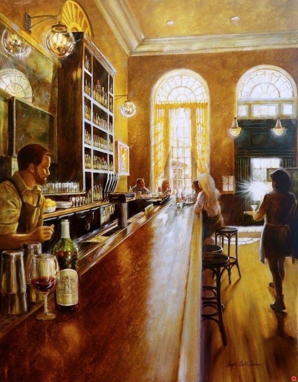 Интерьер старого бара с посетителями и барменом теплый свет картина Анджелы Тротта Томас