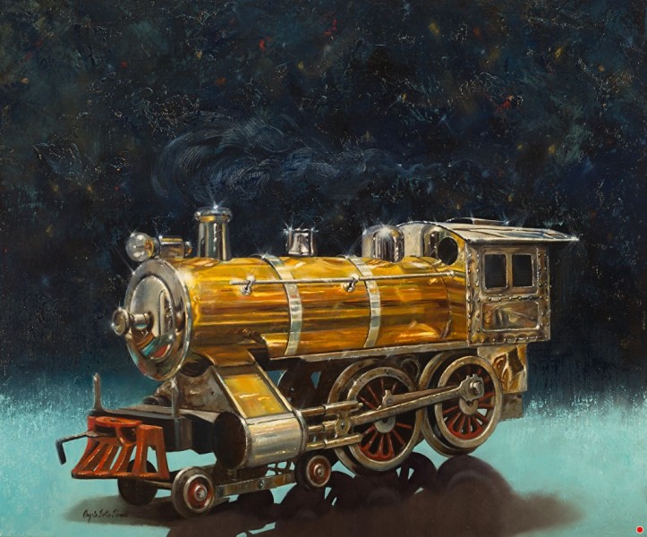 Золотой паровоз Lionel на темном фоне с дымом реалистичная картина Анджелы Тротта Томас