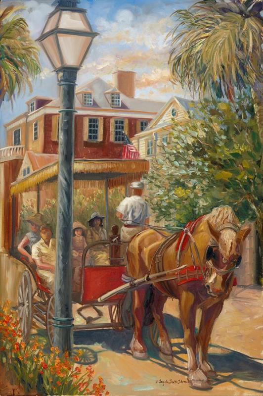 Санта-Клаус вешает носок у камина с елкой и поездом рождественская картина Анджелы Тротта Томас