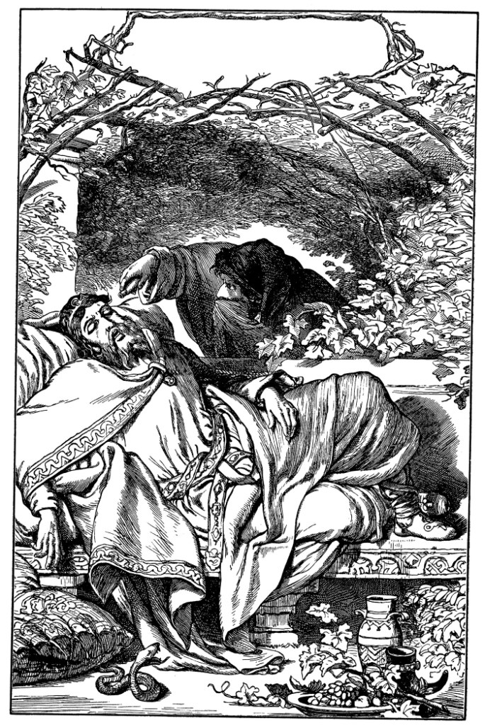 подлый Клавдий влил яд в ухо отца принца Гамлета, когда тот спал, и этим его убил