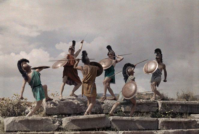 Members of a salonica youth organization reenact a macedonian battle.
