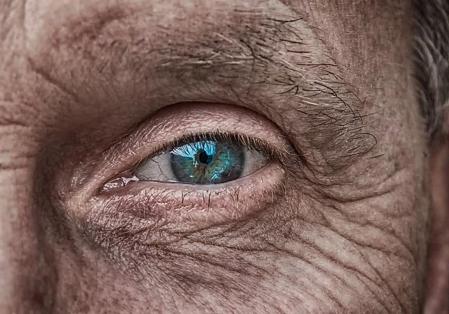 skin eye iris blue older fold wrinkled skin man face
