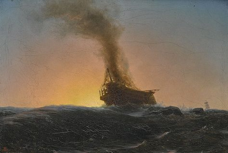 Bigpicture.ru Альберт Бирштадт — Горящий корабль в открытом море, 1851