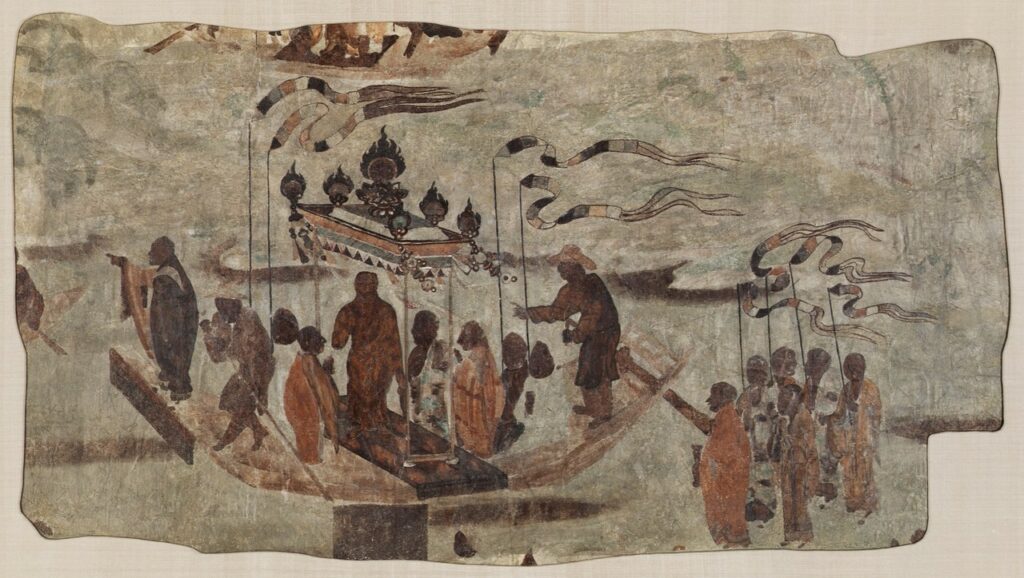 7th century Tang dynasty, 618-907 fresco depicting Eight Men Ferrying a Statue of the Buddha, from Mogao Cave 323, Dunhuang, Gansu province. Harvard Art Museums/Arthur M. Sackler Museum, First Fogg Expedition to China (1923-1924)