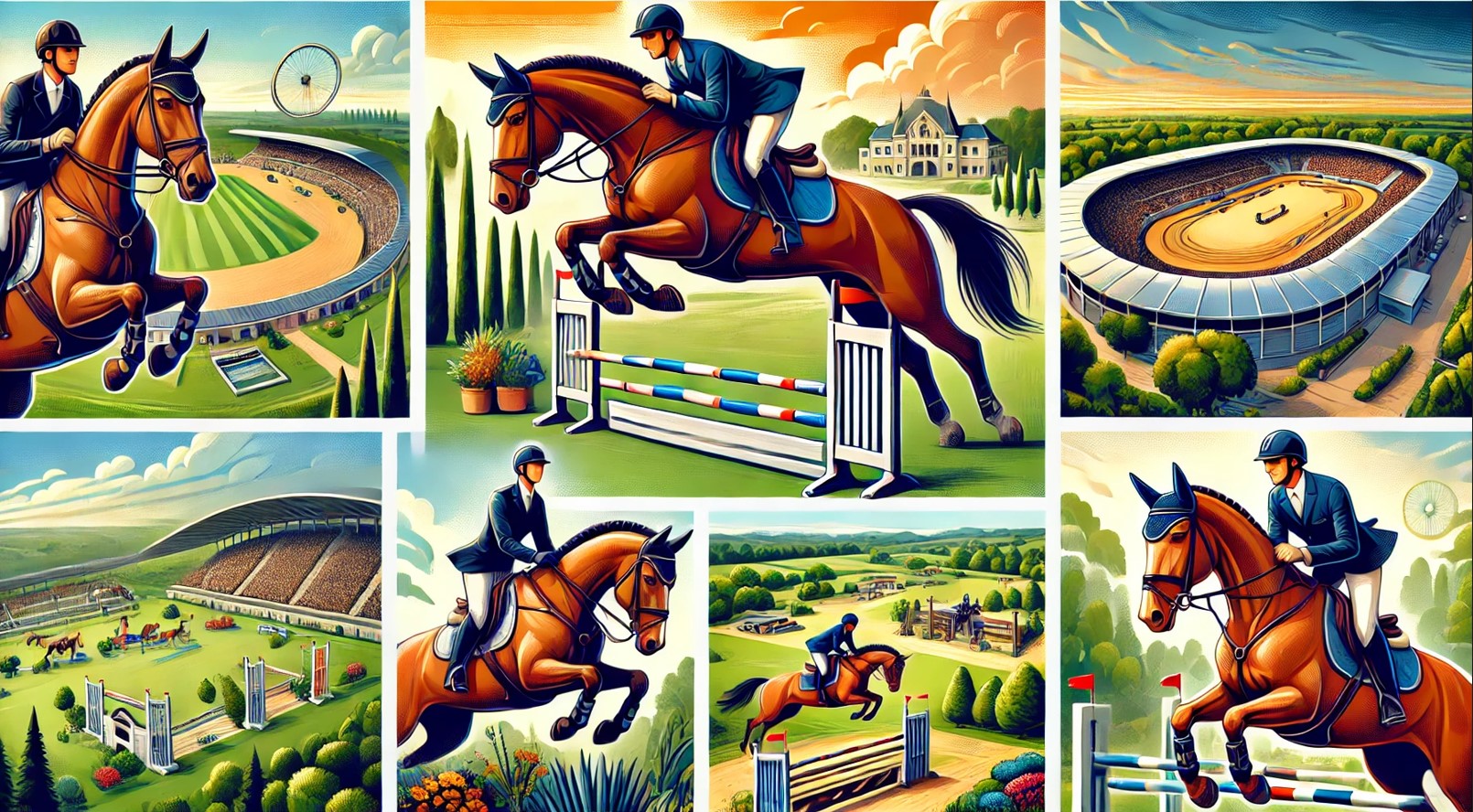 Bigpicture ru 1 dall·e 2024 07 27 01.44.13 an illustration showing different types of equestrian sports. include scenes of show jumping with a horse and rider clearing a high obstacle, dressage