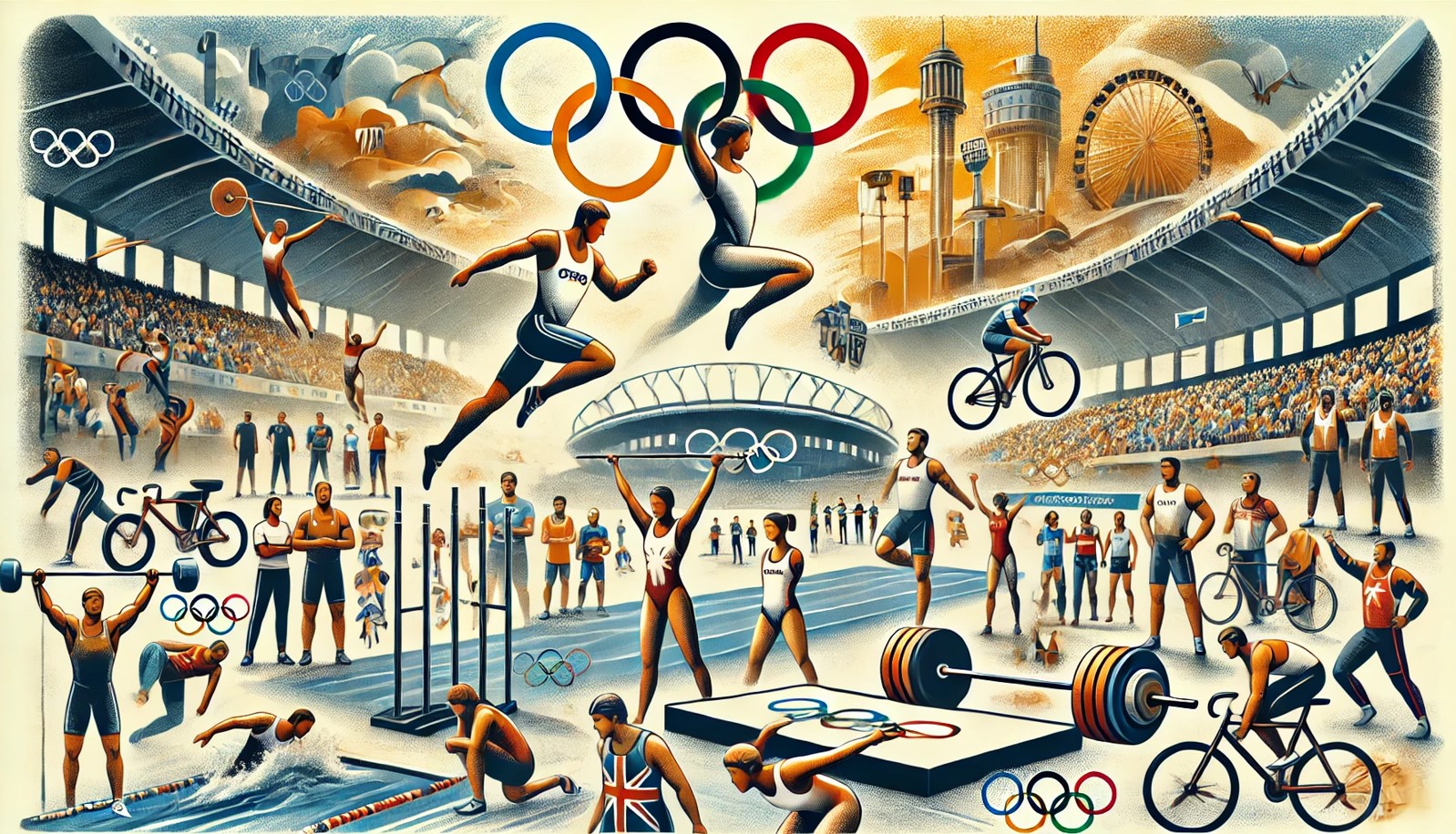 Bigpicture ru 2 dall·e 2024 07 27 01.44.14 an illustration showcasing various olympic disciplines. include scenes of athletes participating in events such as track and field (running, long jump