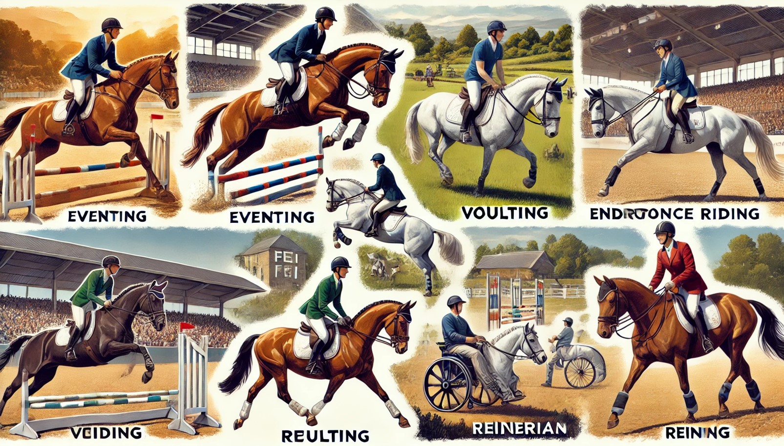 Bigpicture ru 3 dall·e 2024 07 27 01.44.16 an illustration showing other fei equestrian disciplines. include scenes of eventing, endurance riding, vaulting, reining, and para equestrian. eventi