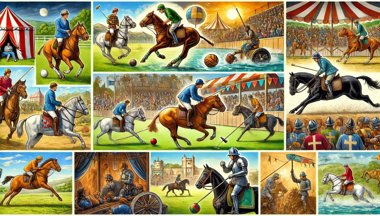 Bigpicture ru 4 dall·e 2024 07 27 01.44.18 an illustration showing various equestrian games and entertainment activities. include scenes of mounted games such as polo, horseball, and tent peggi