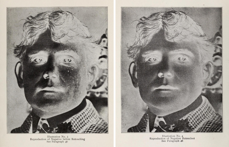 Негатив мужского портрета до и после ретуши графитным карандашом