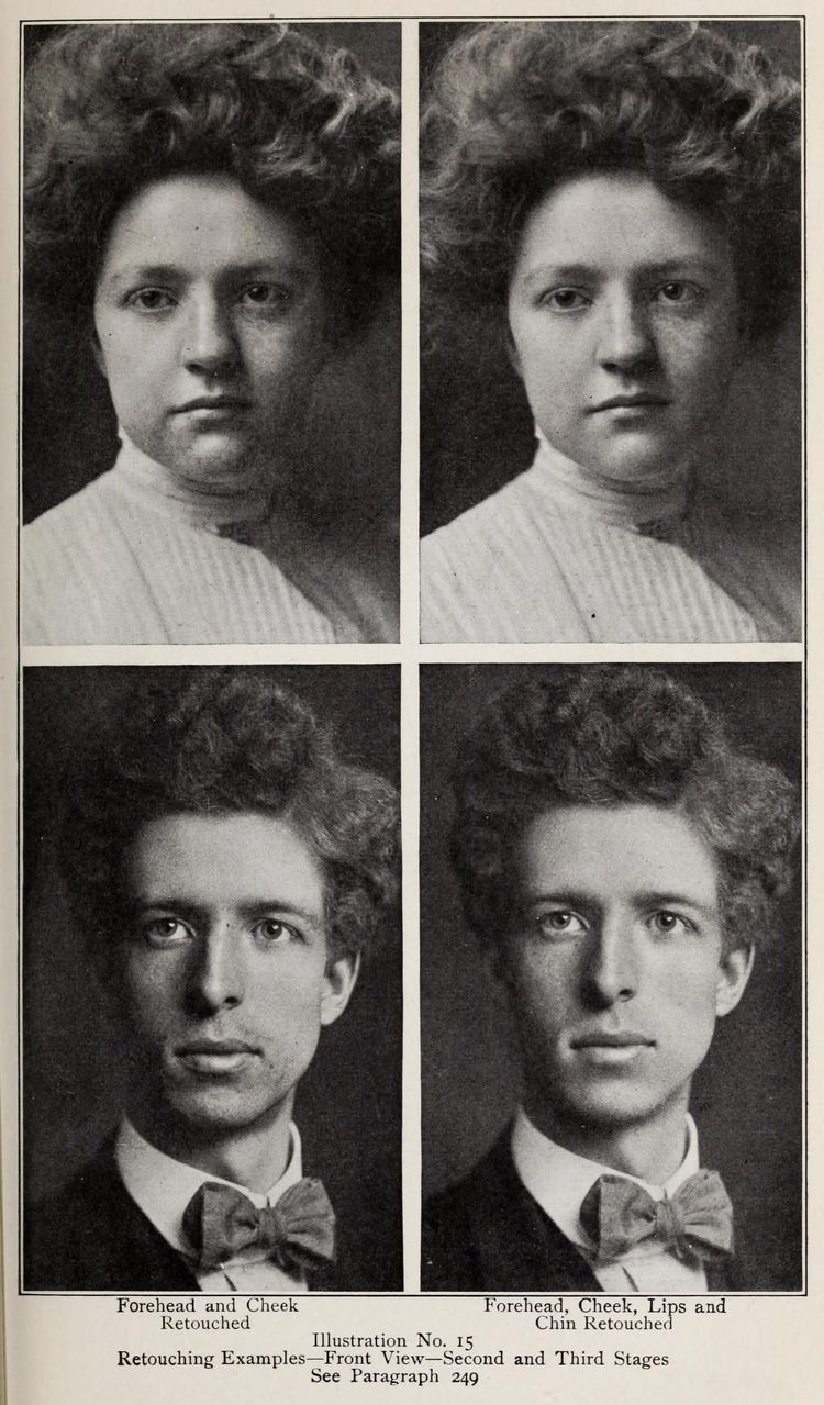 Схема ретуши лица из руководства 1909 года: лоб, щёки, губы, подбородок