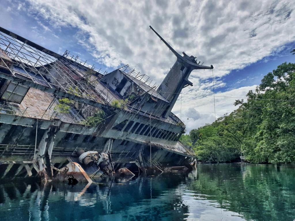 Крупный план ржавого корпуса лайнера MS World Discoverer на фоне безмятежного океана и яркого неба.