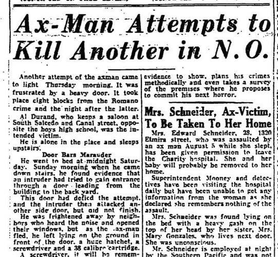 Заметка об убийце в газете New Orleans Axeman Newspaper