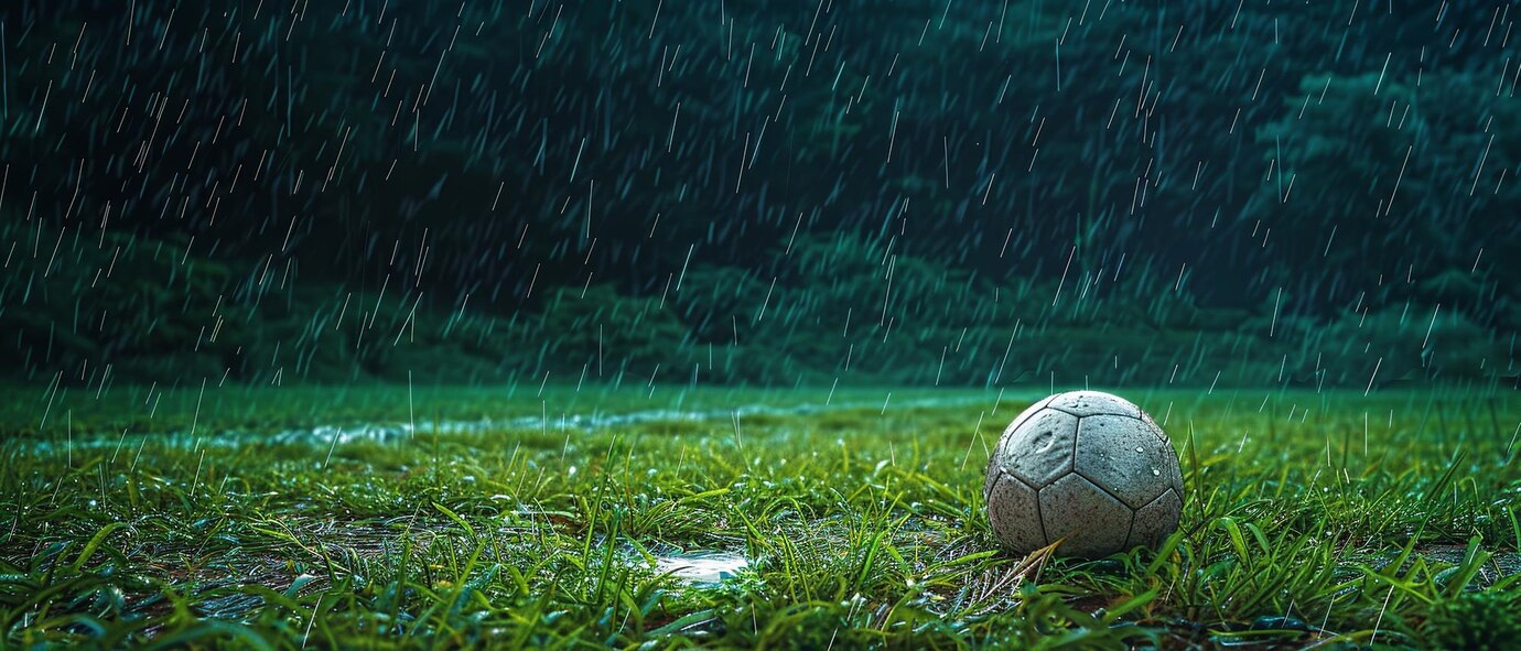 Bigpicture ru gorgeous green grass shimmers intense downpour dramatic soccer field where lone soccer ball lays creating moving scene challenge generative ai 1219132 43302