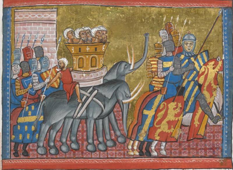 Французская миниатюра XIII века изображает слона с группой воинов