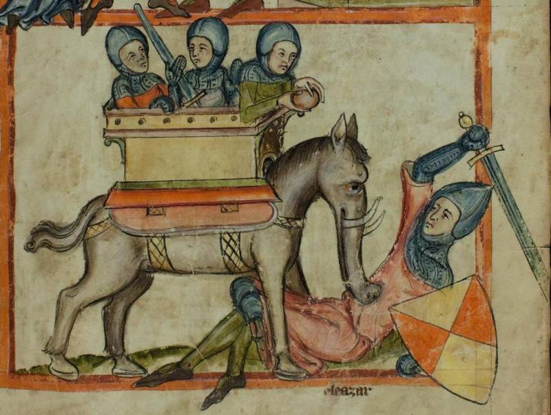 Немецкая миниатюра XIV века: слон, похожий на коня с хоботом