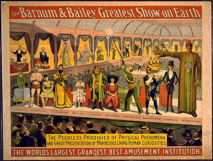 Афиша цирка Барнума и Бейли артисты фрик-шоу XIX век Северная Америка Европа