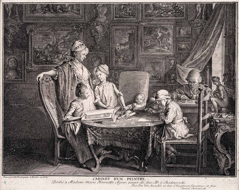 Гравюра Даниэля Ходовецкого Кабинет живописца 1771 год интерьер эпохи Просвещения